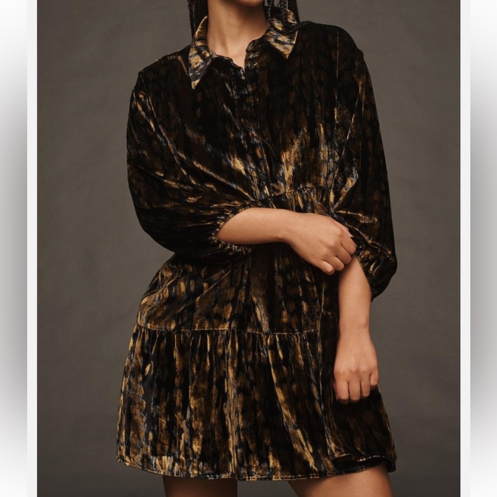 Maeve Women's Bettina Tiered Shirt Mini Dress Velvet Edition Size Small (S)